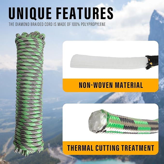 Diamond Braided Polypropylene Rope Nylon Rope Mix Thick Heavy Duty Ropes 3/8 inch 60ft High Strength Perfect for Clothesrope Camping Hiking and Other Outdoor Activities Green
