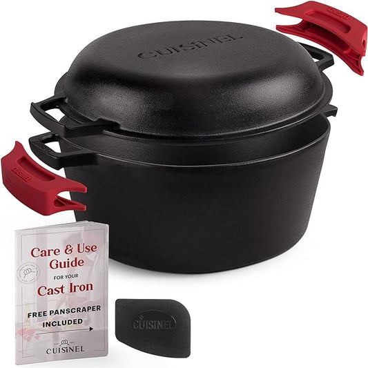 Cuisinel Cast Iron Dutch Oven 7-Quart - Pre-Seasoned 2-in-1 Deep Pot Multi-Cooker - Combo Lid Doubles as 12" Skillet Frying Pan + Silicone Handle Covers + Scraper/Cleaner - Indoor/Outdoor Cookware