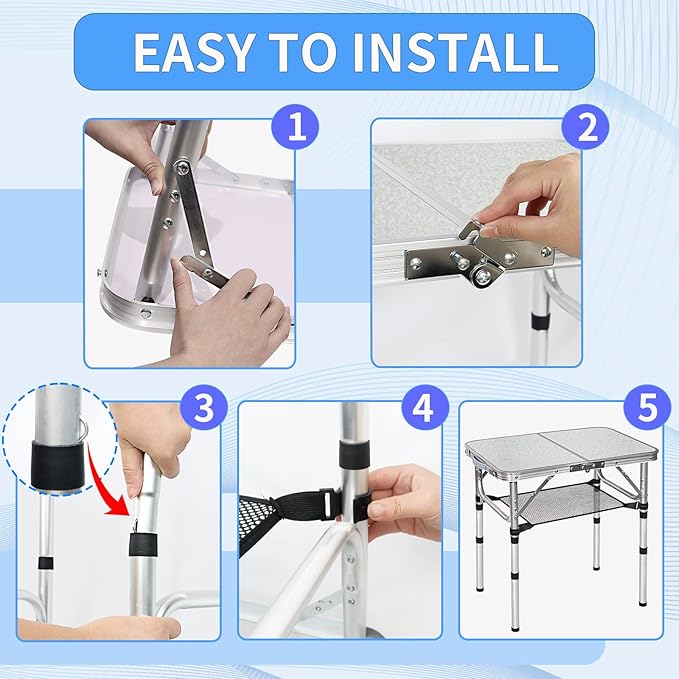 Small Folding Camping Table, Aluminum 3 Adjustable Height Foldable Table, 24" x 16" Portable Lightweight Picnic Table with Mesh Layer for Outdoor Indoor Beach Patio BBQ Backpacking(White)