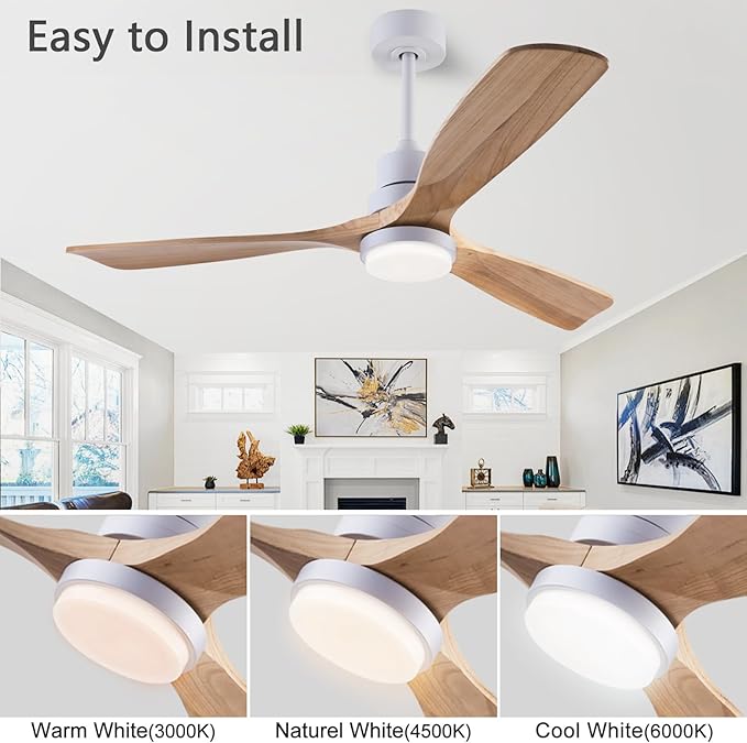 48" Wooden Ceiling Fan with Lighted Remote Control, Indoor/Outdoor Modern Fan with 3 Blades for Patio, Living Room, Farmhouse, etc (White + Wood Color)