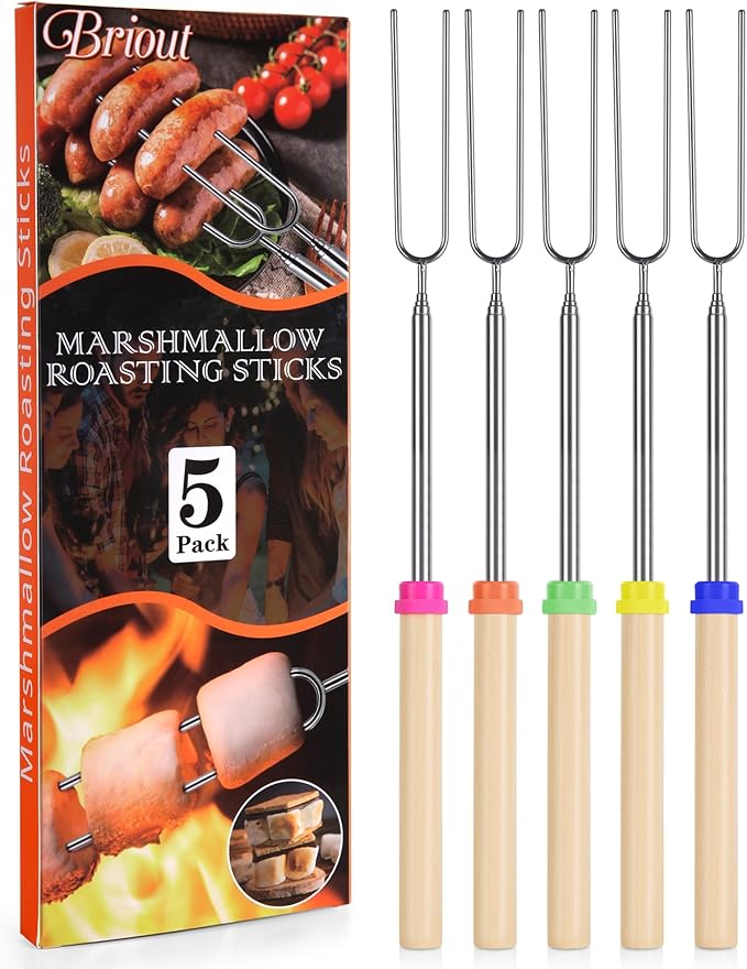 Briout Marshmallow Roasting Sticks - Smores Stick for Fire Pit - Hot Dog Campfire Skewers Marshmallow Camping 32 Inch Long Extendable Forks - 5 Pack