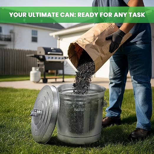 Plexon Metal Trash Can with Locking Lid Outdoor Storage Bucket for Bird Seed Ash 6-Gallon Galvanized Steel 6 Pack