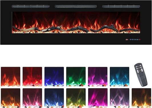 72" Electric Fireplaces Inserts, Recessed & Wall-Mounted Fireplace Heater with Thermostat, Multicolor Flames,Timer, Log & Crystal, 750/1500W