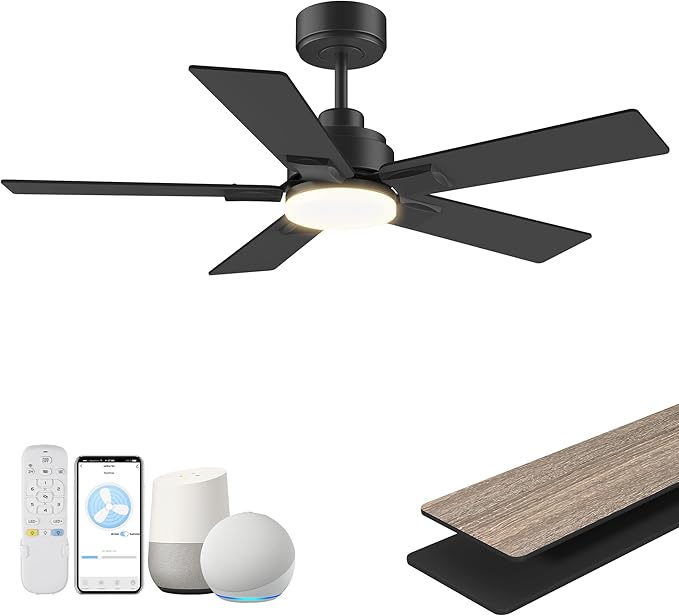 42Inch Smart Ceiling Fan with Lights Remote,APP&Voice Alexa WIFI Controled,Quiet Reversible DC Motor,Dimmable LED,Indoor Outdoor,Small Modern Ceiling Fan,for Bedroom Patio Porch,Black&Walnut