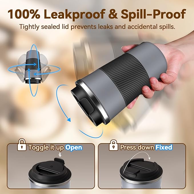 17OZ Travel Coffee Mug Insulated Coffee Cup with Spill Leak Proof Lid, Portable Stainless Steel Tumbler Reusable Hot and Cold Water Mug for Car, Daily, Camping- Gray