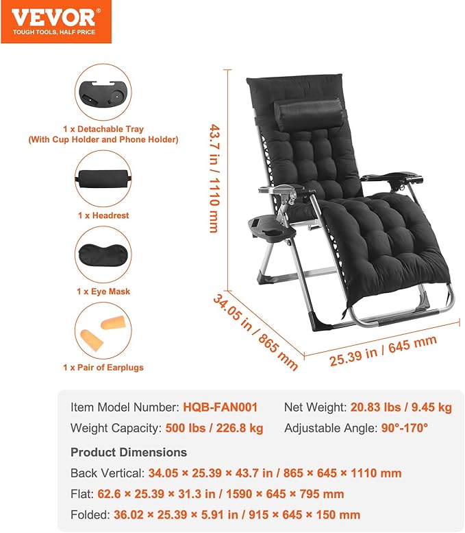 VEVOR Zero Gravity Chair, 26 inch Zero Gravity Recliner Lounge Chair for Indoor and Outdoor, Adjustable Anti Gravity Chair with Cushion, Headrest, Footrest, and Cupholder, 500 lbs, Black