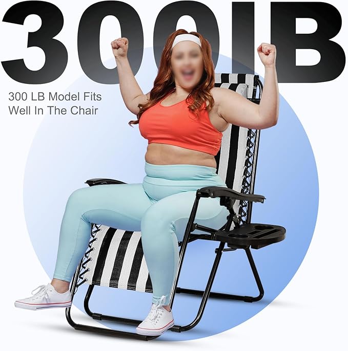 Nazhura Set of 2 Relaxing Recliners Patio Chairs Adjustable Steel Mesh Zero Gravity Lounge Chair Beach Chairs with Pillow and Cup Holder Khaki (Black/White Stripe)