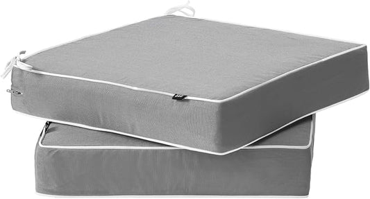 PNP FKJP 2 Pack Outdoor Chair Cushion 20" X 20" X 4", Waterproof Outdoor Seat Cushions with Non-Skid Ties,Grey (Cushion + Cover)