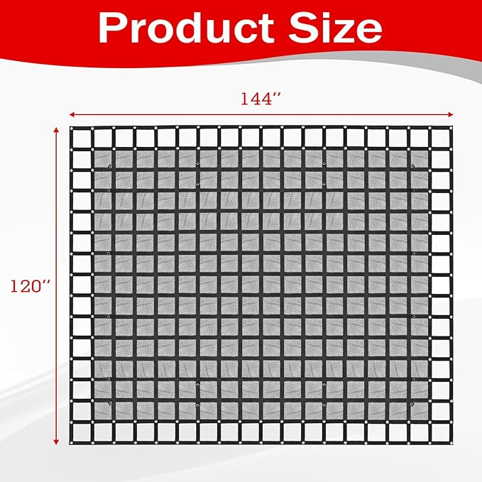 Heavy Duty 120" x 144" Truck Bed Cargo Net with Adjustable Cam Buckles & S-Hooks & Cross Strap,10' x 12' Cargo Net with 1500LBS Capacity for Pickup Truck Bed Trailer SUV Jeeps