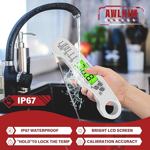AWLKIM® Meat Thermometer Digital - Fast Instant Read Food Thermometer for Cooking, Candy Making, Outside Grill, IP67 Waterproof Kitchen Thermometer with Backlight, Stocking Stuffers for Men - White