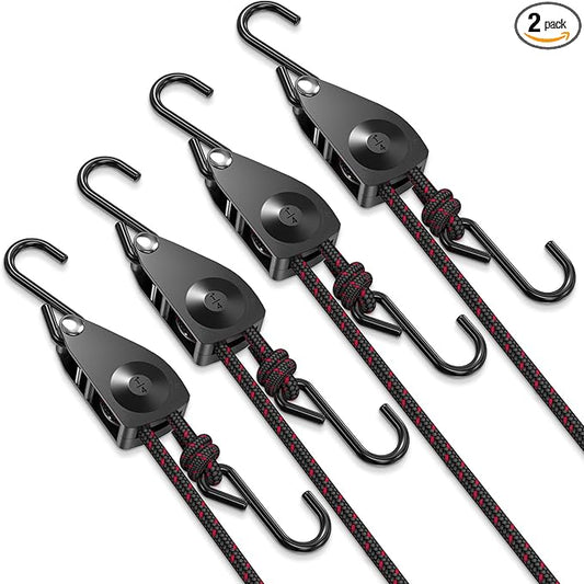 VIPARSPECTRA Ratchet Tie Down Straps, 1/4" Adjustable Rope Hangers [4 Pack, 12FT, 150 lbs/Pack], Heavy Duty Kayak Pulley System with Hooks for Garage Cargo Trucks Tents Grow Lights Various Lashing