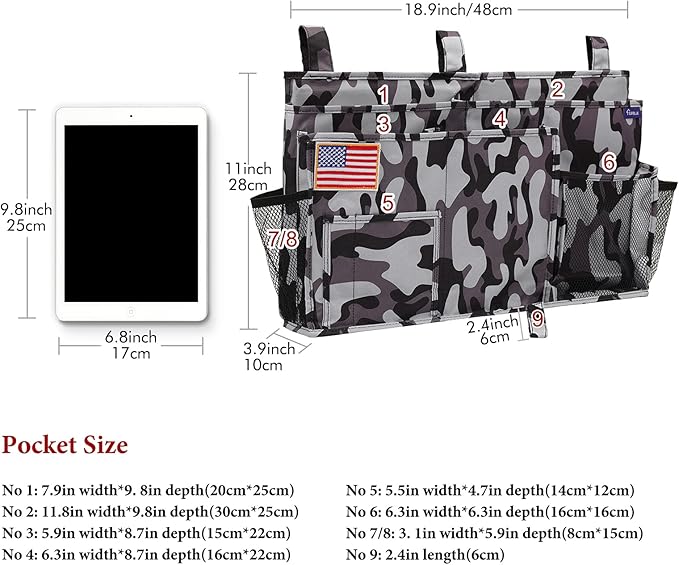 Surblue Bedside Caddy Hanging Organizer Storage Bag Pocket for Bunk, Hospital, College Dorm Rooms, Baby Bed Rails, Camp - 8 Pockets (Large, City)