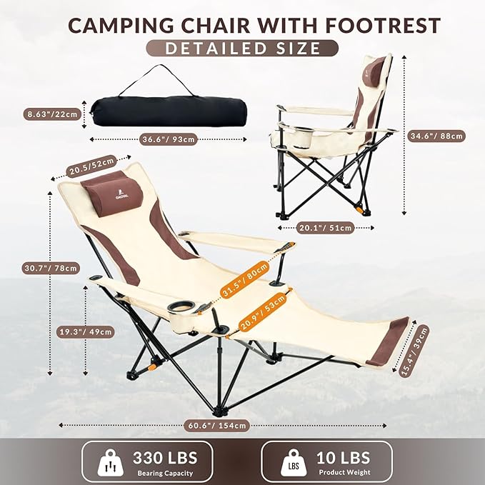 Reclining Camping Chair 4-Position Adjustable, Lightweight Folding Lounge Beach Chair for Adults with Removable Footrest & Headrest, Cup Holder & Storage Pouch for Outdoor(330lbs Capacity), Beige