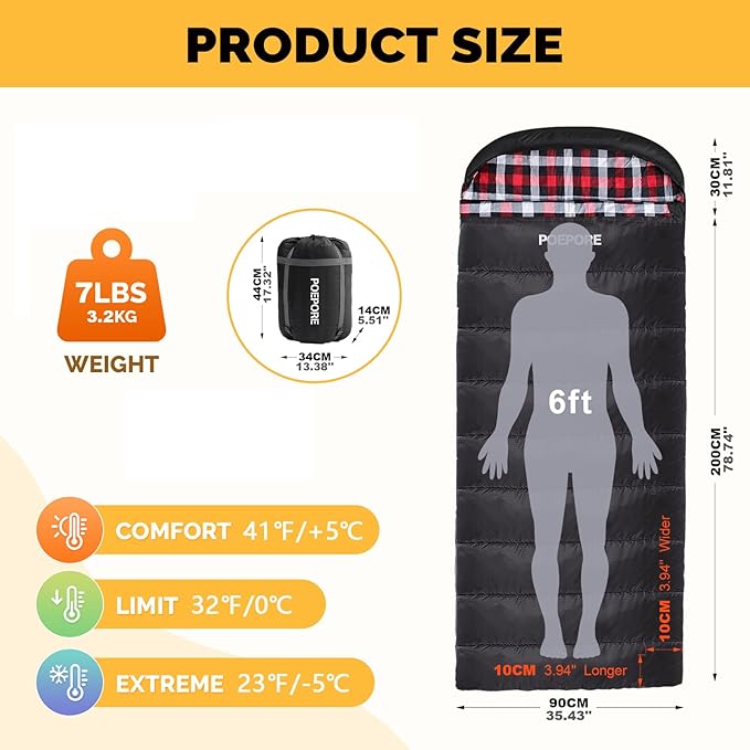 Flannel Sleeping Bag Cotton 0 Degree Cold Weather for Adults XXL Sleeping Bag 4 Season Big and Tall with Compression Sack