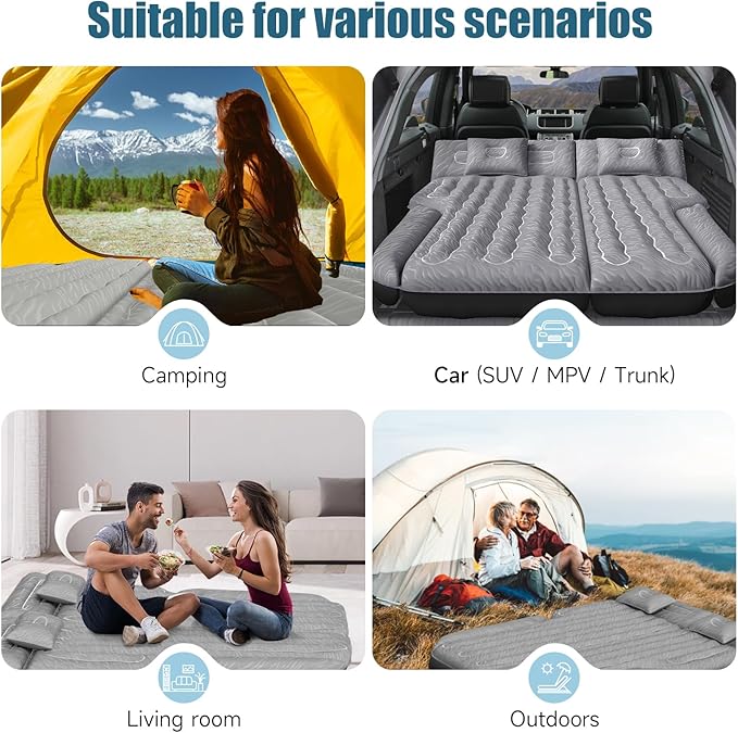 Inflatable SUV Air Mattress: Double-Sided Flocking Car Mattresses for Back SUV, Travel Camping Sleeping Bed with Air Pump 2 Pillows