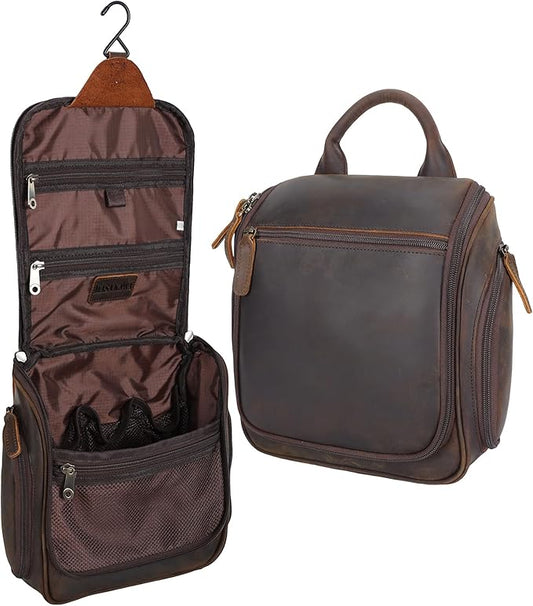 Masa Kawa Leather Hanging Travel Toiletry Bag for Men Portable Expandable Camping Cosmetics Makeup Toiletries Organizer Vintage Bathroom Shaving Kit Brown Wash Bags