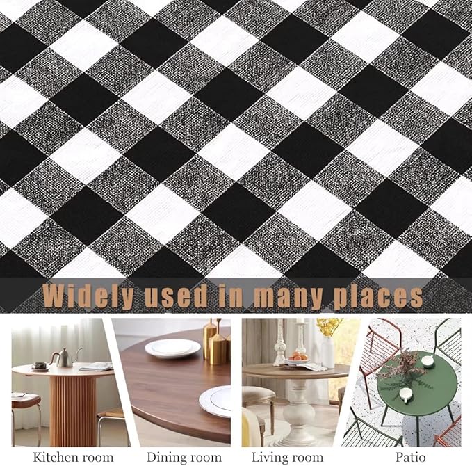 Fitable Vinyl Round Elastic Tablecloth with Flannel Backing - Waterproof Plaid Picnic Table Cover for Indoor Outdoor, Black and White (Fit for 57"-68" Round Tables)
