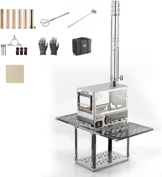 M8 Wood Burning Stove with Oven & Folding Camping Table, Stainless Steel Portable Hot Tent Stove, Including 6 Chimney Pipes, for Camping, Tents, Cooking and Travel (Silver)
