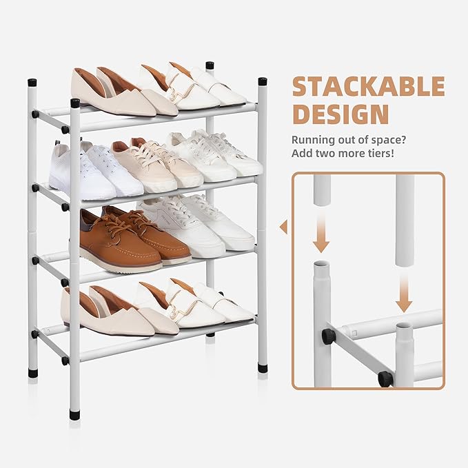 STORAGE MANIAC Expandable Shoe Rack, 16 Pairs Stackable Small Shoe Rack, Metal Adjustable Shoes Organizer for Closet, Entryway, Hallway, Garage, Front Door, Shoes Shelves, White 4 Tier