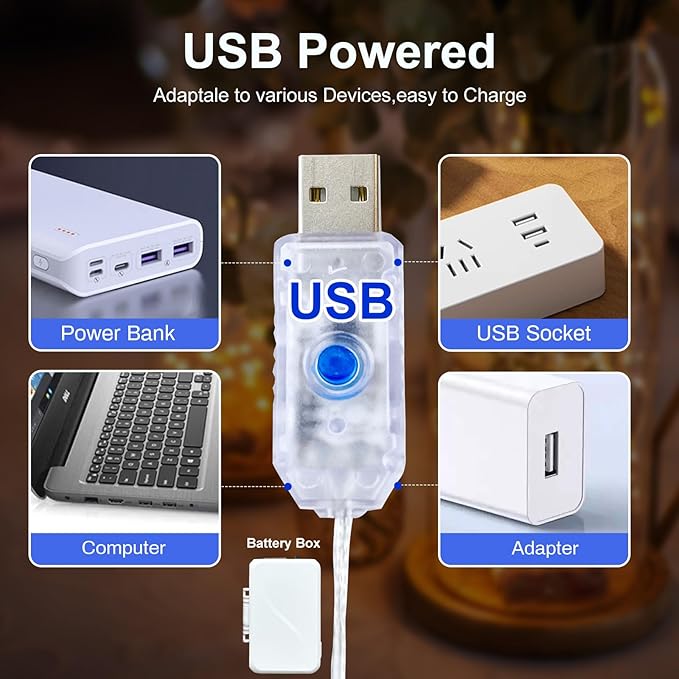 50LED Fairy Lights USB & Battery Powered 2Pack, 16FT Warm White Mini String Light with 8 Modes & Timer, Cuttable Copper Wire Waterproof Twinkle Light Indoor Outdoor for Bedroom Wedding Christmas Decor