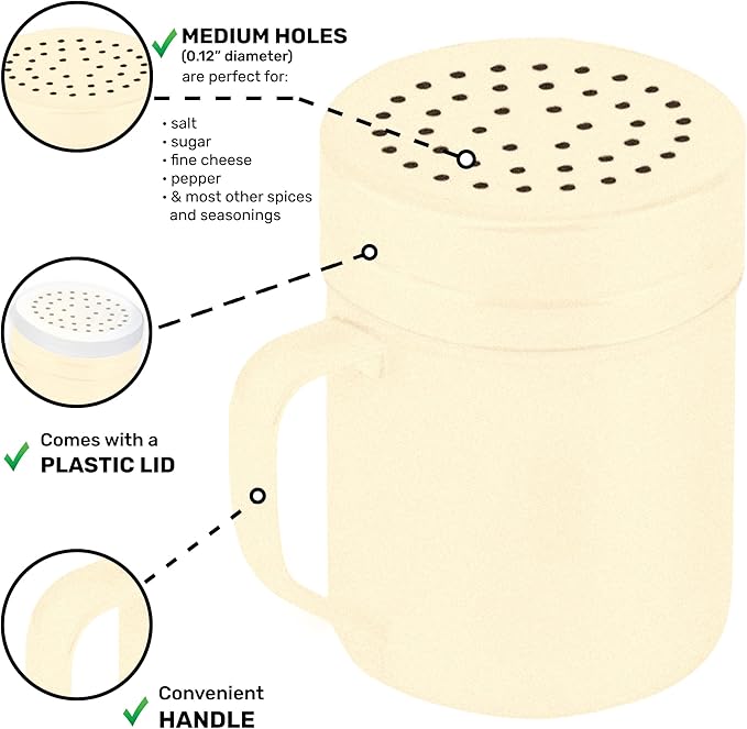 CUSINIUM 10oz Beige Stainless Steel Salt Pepper Dredge Shakers - With Plastic Cap - With Handle - Pack of 2