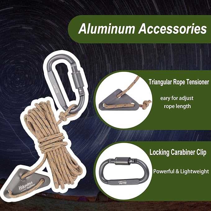 Hikeman 4 Pack Camping Rope with Locking Carabiner Clip,4mm Reflective Guy Lines with Triangular Guyline Adjuster Tensioner,Nylon Cord for Tent Tarp Tie Down,Hiking,Backpacking