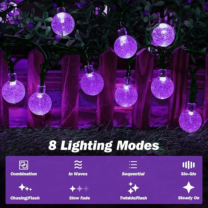 Solar Lights Outdoor Waterproof, 2 Pack Total 200LED 110FT Solar String Lights for Outside with 8 Modes, Outdoor String Lights Crystal Globe Patio Lights for Garden Yard Party Decor(Purple)