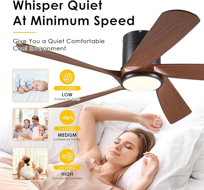 Flush Mount Ceiling Fans with Lights Low Profile - 54" Modern Ceiling Fan, 5 Blades, Reversible and Dimmable LED Light, Indoor Ceiling Fan Light for Bedroom, Covered Outdoor, Brown
