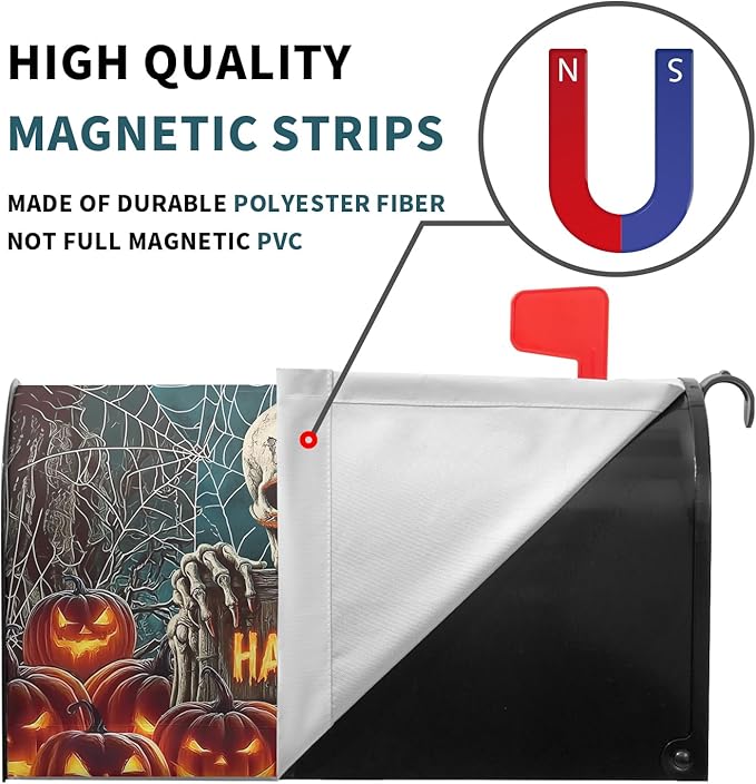 Happy Halloween Skeleton Mailbox Cover Magnetic Standard Size 21x18 inch Spooky Pumpkin Full Moon Post Letter Box Wrap Happy Holiday Dust-Proof Postbox Covers Protection for Home Outdoor Garden Yard