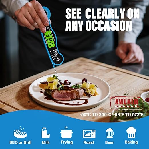 AWLKIM® Meat Thermometer Digital - Fast Instant Read Food Thermometer for Cooking, Candy Making, Outside Grill, IP67 Waterproof Kitchen Thermometer with Backlight, Stocking Stuffers for Men - Blue