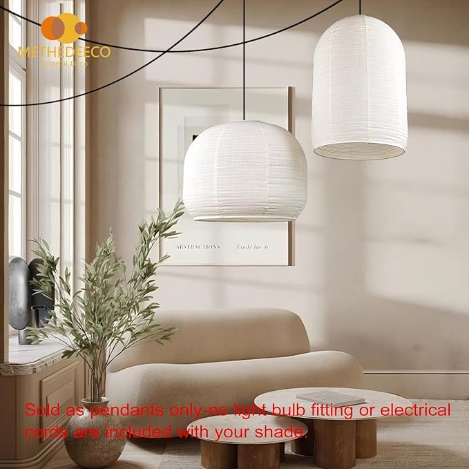 2PCS semicircular cylinder shape Hanging Fabric LampShade 18+13inch Handmade Linen Pendant Light,Minimalist Boho White Beige Lanterns for showcasem,hotel,Living Room, Bedroom deco