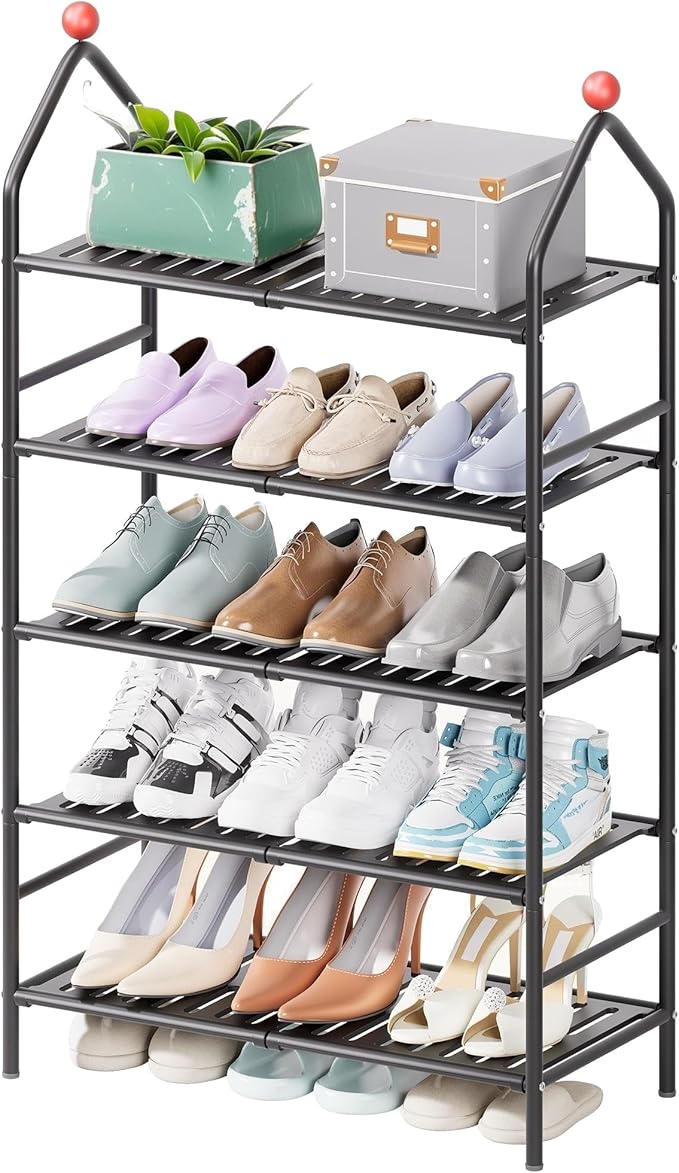 Shoe Rack, 5-Tier Shoe Organizer, Metal Storage Shelf, Shoe Rack for Closet, Free Standing Shoe Racks for Entryway, Garage & Doorway, Sturdy Shoe Shelves, Black