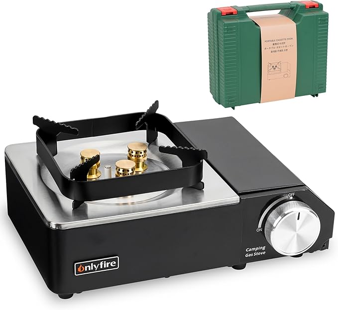 ONLYFIRE Portable Butane Stove with Carry Case, Mini Camping Stove Instant Ignition, Windproof Camp Stove for Camping, Hiking, RV Trip, Backpacking and Emergency, Black GS336