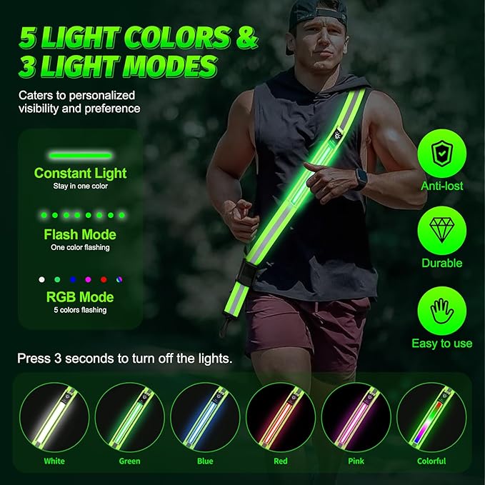 LED Running Gear High Visibility Reflective Belt Sash, Adjustable Night Walking Safety Gear, Rechargeable Light Up Running Reflective Belt for Runners Walkers Men Women