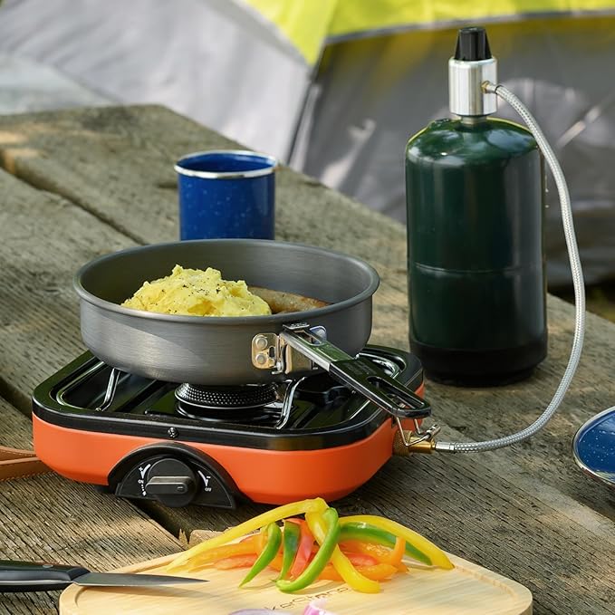 BakerStone Camping Stove, Outdoor Portable Propane Gas Stove with 8000 BTU, Single Burner Camp Stove with Cooking Grate, Wooden Tray, Inlet Gas Regulator and Pipe