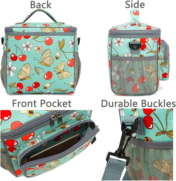 FlowFly Insulated Reusable Lunch Bag Adult Large Lunch Box for Women and Men with Adjustable Shoulder Strap,Front Zipper Pocket and Dual Large Mesh Side Pockets,Cherry