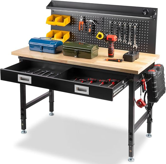 48" Workbench with Drawers, Work Benches for Garage with Strip Light, Adjustable Work Table with Large Pegboard, 2000 LBS Heavy Duty Table with Power Outlet Rubber Wood for Garage, Office