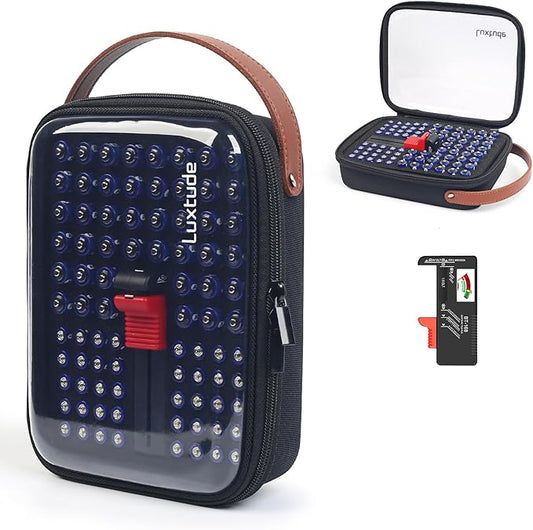 Luxtude Battery Storage Organizer, Clear Battery Organizer Storage Case with Tester,Batteries Holder Organizers for 90 PCS, Batteries Case Organizers Holds 50 AA & 40 AAA, Camping Accessories(Black)