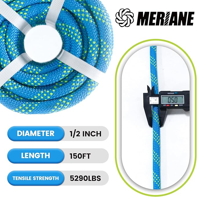 Double Braid Polyester Rope 1/2inch 150ft, 5290lbs Breaking Strength, Blue Arborist Rigging Rope for Various Indoor Outdoor Applications Hiking Camping Swing Sailing