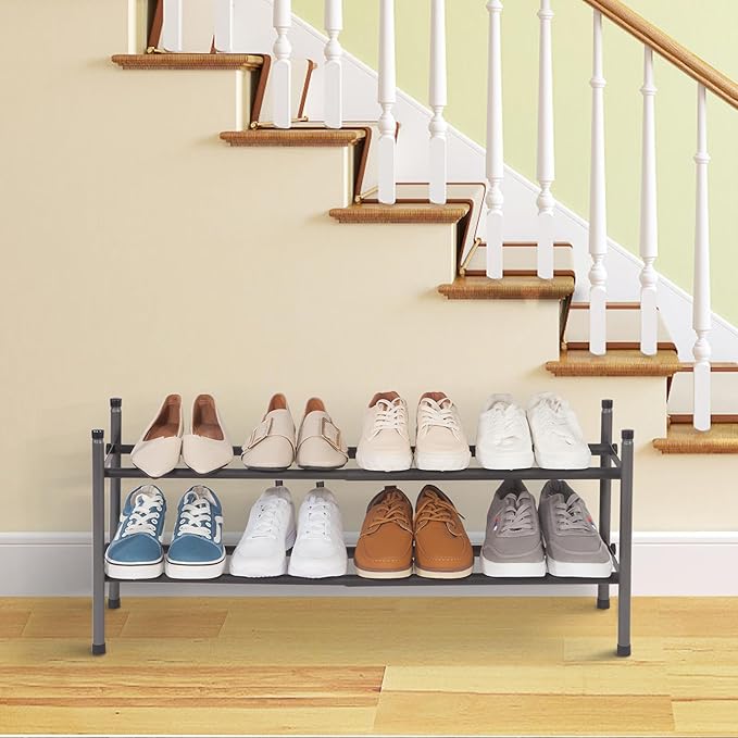 STORAGE MANIAC Expandable Shoe Rack, 8 Pairs Stackable Small Shoe Rack, Metal Adjustable Shoes Organizer for Closet, Entryway, Hallway, Garage, Front Door, Shoes Shelves, Black 2 Tier