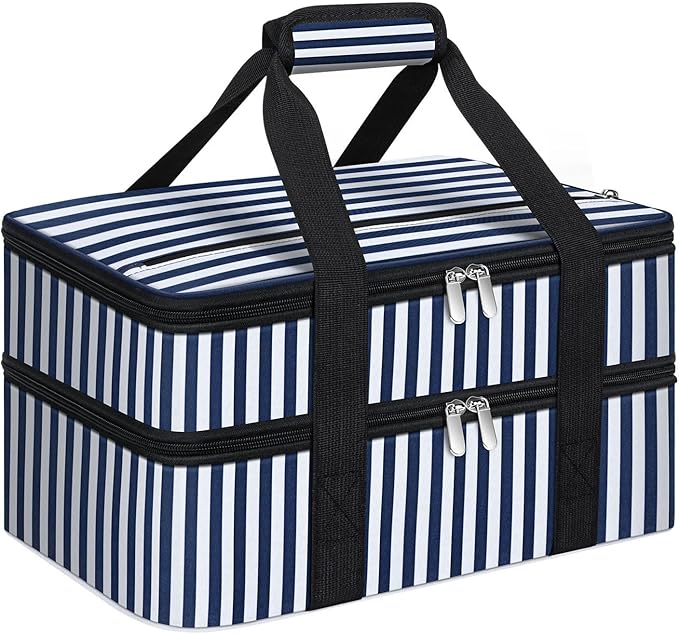 Double Insulated Casserole Carrier, Portable Casserole Carrier for Hot or Cold Food Lunch Tote Warmer or Cooler Bag, Lasagna Lunch Bag for Potluck Parties- Fits 9" x 13" Baking Dish-Blue Stripes