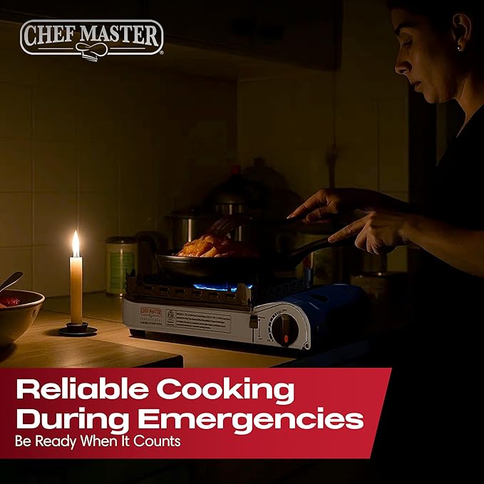 15,000 BTU Output Portable Butane Camping Stove by Chef Master, Double Wind-Guard Portable Stove Burner, Peizo Click Ignition for Emergencies, Tailgating, Hiking, Backpacking, Camping Essential -90019