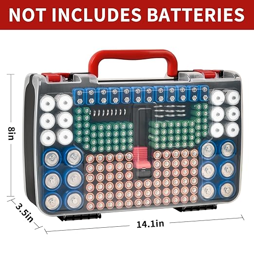 Battery Storage Organizer Case Holder Box with Tester, Double-Sided Batteries Fits for 269 Caddy Container AA AAA AAAA 3A 4A 9V C D Lithium 23A 4LR44 CR123A CR1632 CR2032 - Black