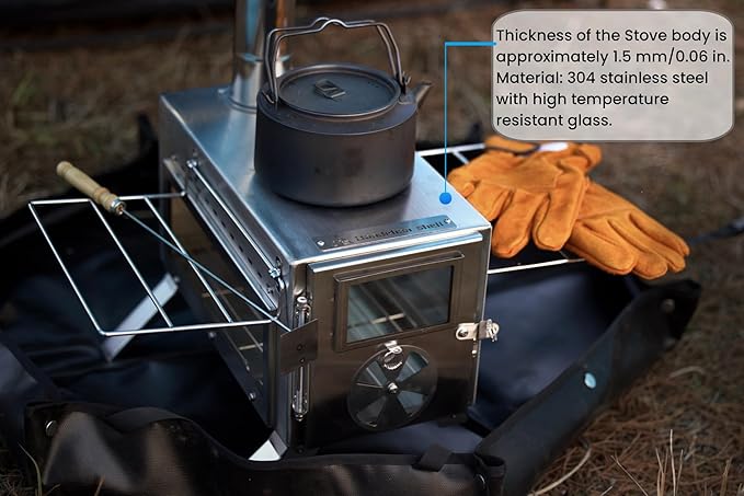 Portable Camping Wood Stove with View Glass and Cooking Function, 8 Stainless Steel Chimneys for Shelter, Hunting, Outdoor Cooking, and Heating (304 Stainless Steel)