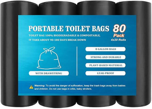80 PCS Portable Toilet Bags with Drawstring, Biodegradable Porta Potty Bags - 8 Gallon Thickened Waste Bags Fit for 5 Gallon Bucket, Camping Poop Bag, Trash Bags for Home Boating Travel Outdoor