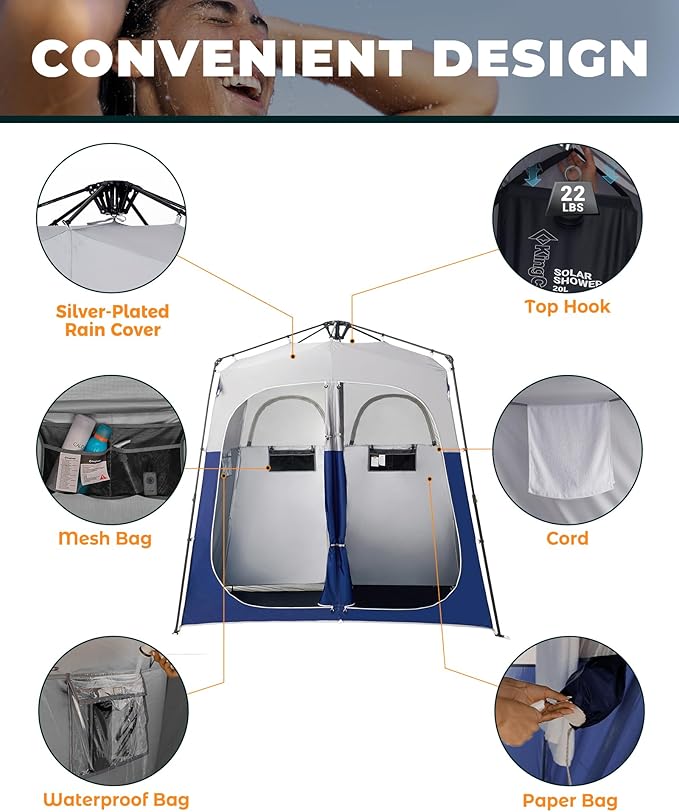 KingCamp Camping Shower Tent, Instant Portable Privacy Shelter, 1/2 Room Large Outdoor Toilet Tent with Floor, Water-Resistant, Windproof & Easy Setup for Beach, Camping & Hiking
