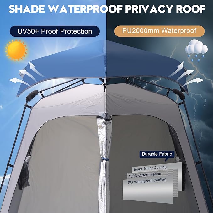 2-Room Camping Shower Tent, Instant Pop-up Privacy Shelter, Extra Large Changing Room & Toilet Tents with Ventilation, Portable Outdoor Shower with Rainfly & Floor for Dressing, Hiking, Beach, Fishing