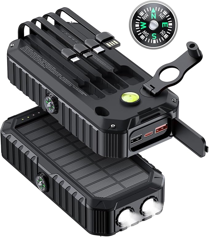 QiSa Solar Charger Power Bank 40000mAh Built in 4 Cables and Hand Crank, Portable Charger 22.5W Fast Charger 6 Outputs & 4 Inputs External Battery Pack with Bright Flashlight and Compass