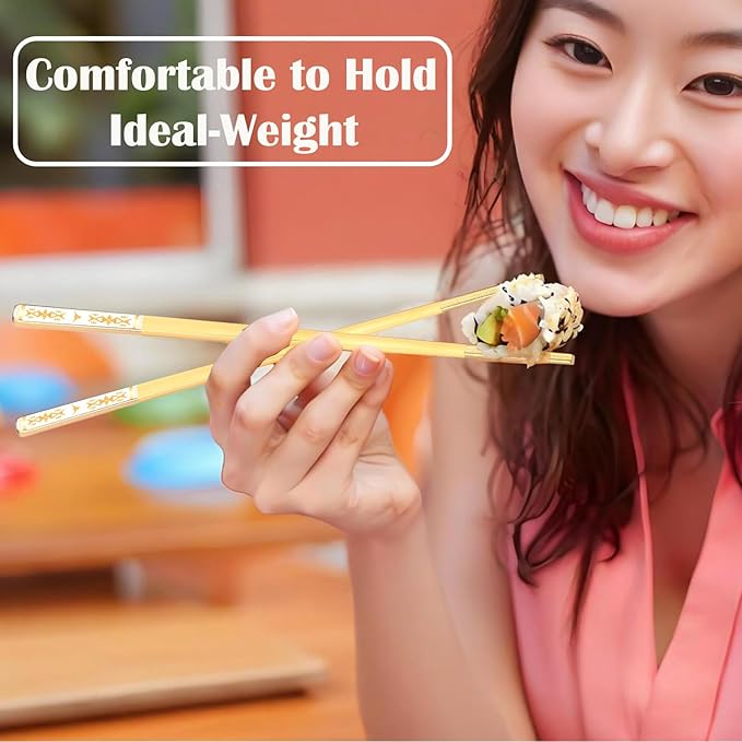 Metal Chopsticks Reusable 1 Pair Stainless Steel Travel Chopsticks Dishwasher Safe Square Lightweight Non-Slip Chop Sticks with case (Golden Bull Head Boho)