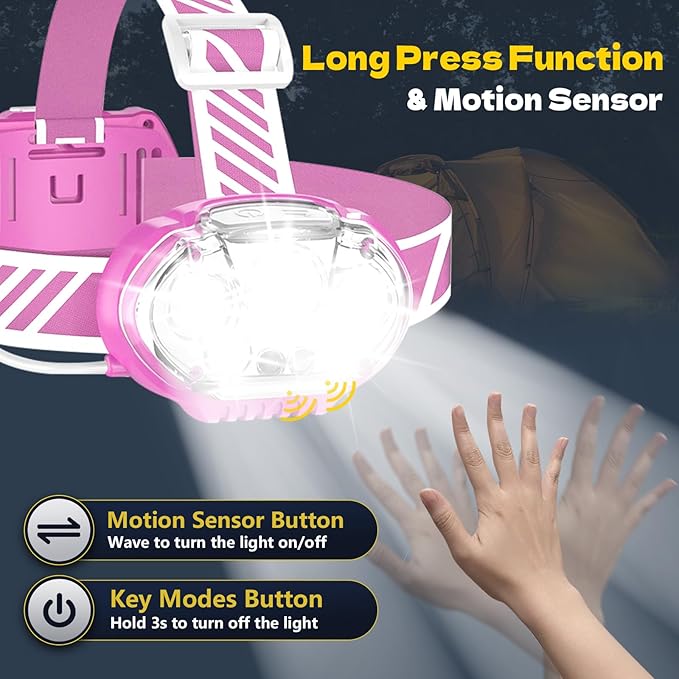 Rechargeable Headlamp, High Lumen Bright 5 LED Head Lamp with Red White Light,IPX4 Waterproof Headlight,8 Mode Head Flashlight for Outdoor Running Hunting Fishing Hiking Camping Gear-Pink